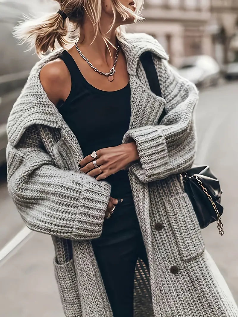 Oversized Grofgebreid Dames Vest met Knopen en Grote Opgestikte Zakken