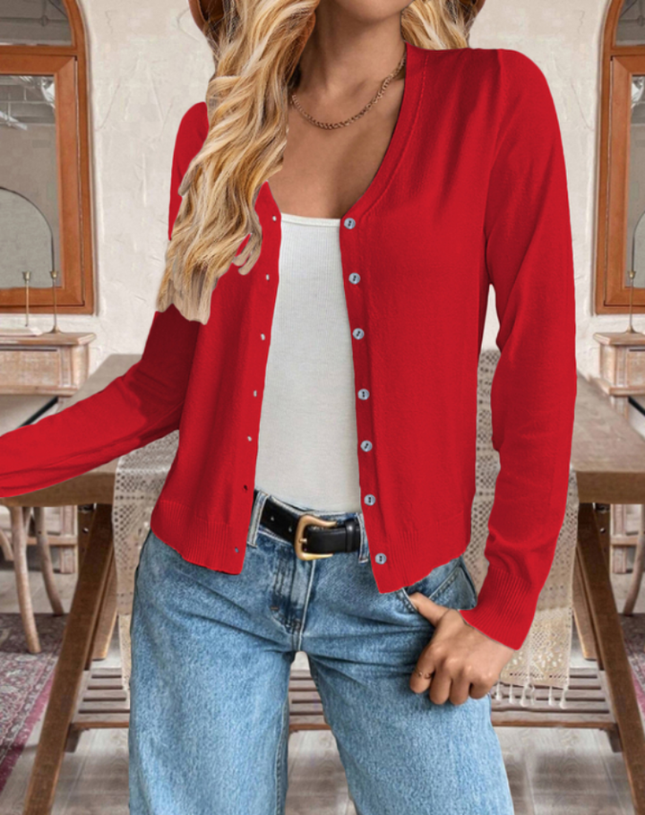 Fine-Knit Women's Cardigan with Long Sleeves, Button Closure, and V-Neck