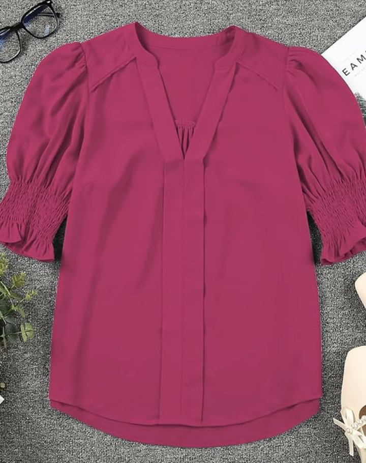 Chiffon Blouse with V-neck and Short Sleeves for Women