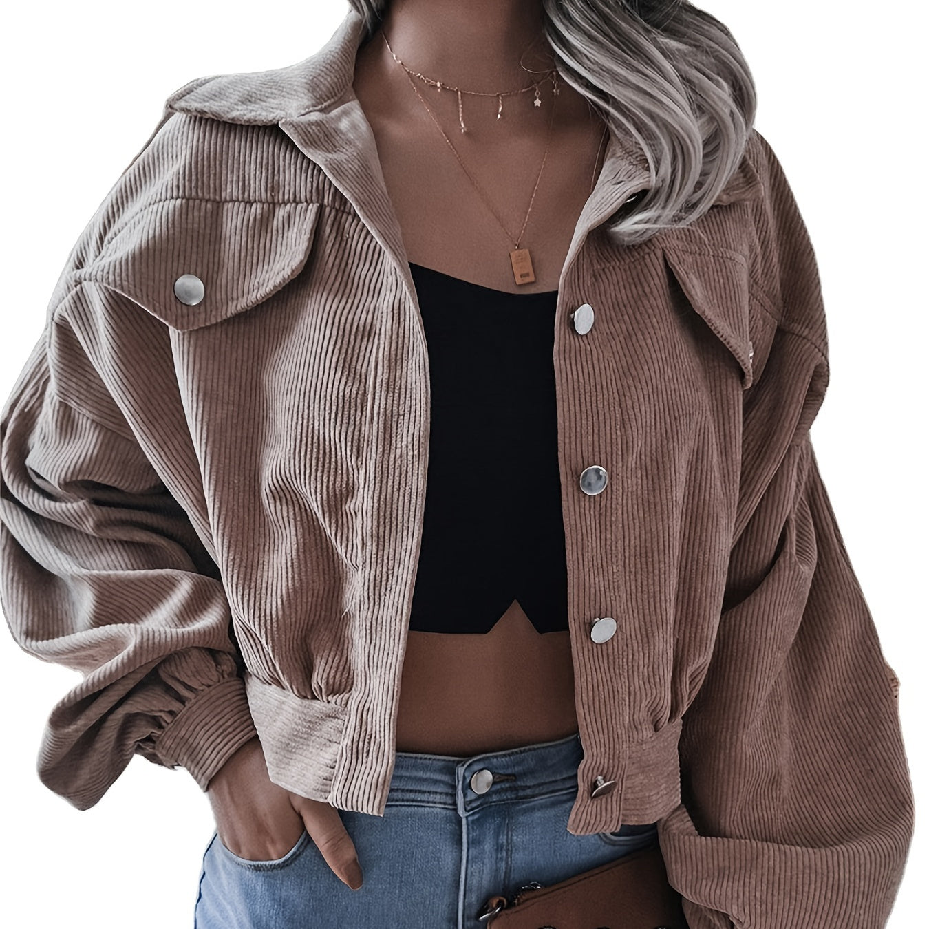 Trendy Dames Ribstof Jas met Korte Pasvorm en Knopen