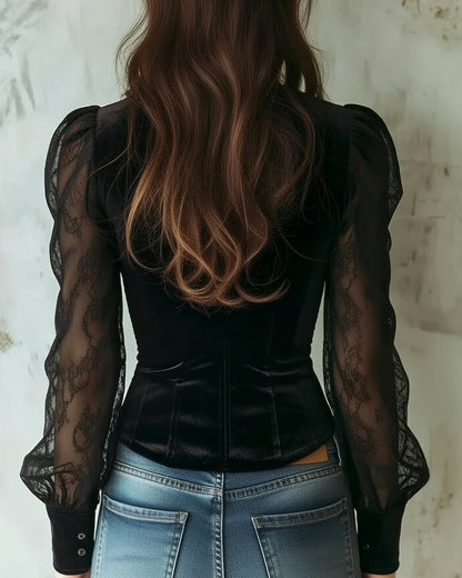 Stijlvolle Dames Kant Blouse Met Lange Mouwen En Knoopsluiting