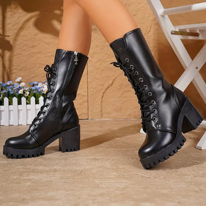 Chique Zwarte Dames Combat Boots met Veters en Chunky Hak
