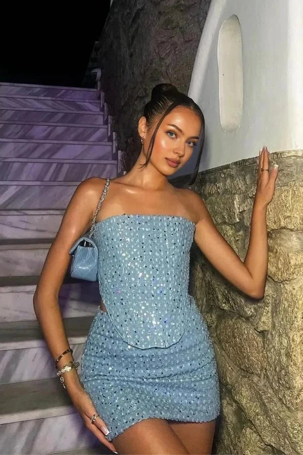 Ensemble coordonné bleu pailleté pour dames, bustier sans bretelles avec mini-jupe ajustée