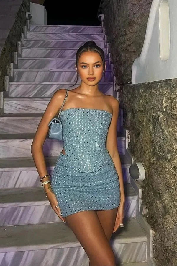 Ensemble coordonné bleu pailleté pour dames, bustier sans bretelles avec mini-jupe ajustée