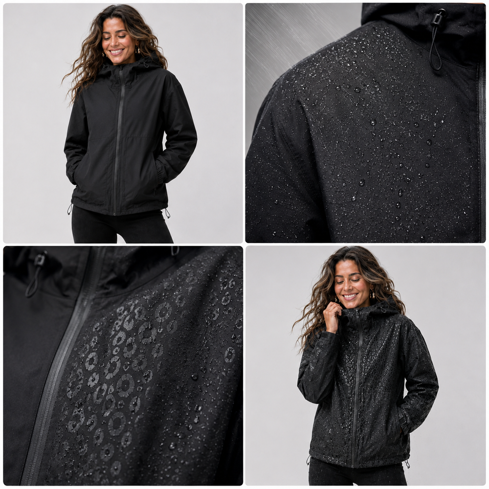 zwarte regenjas dames detail met waterdruppels op de luipaardprint