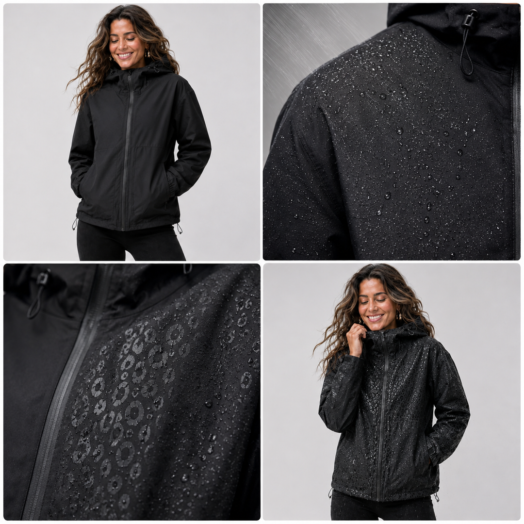 zwarte regenjas dames detail met waterdruppels op de luipaardprint