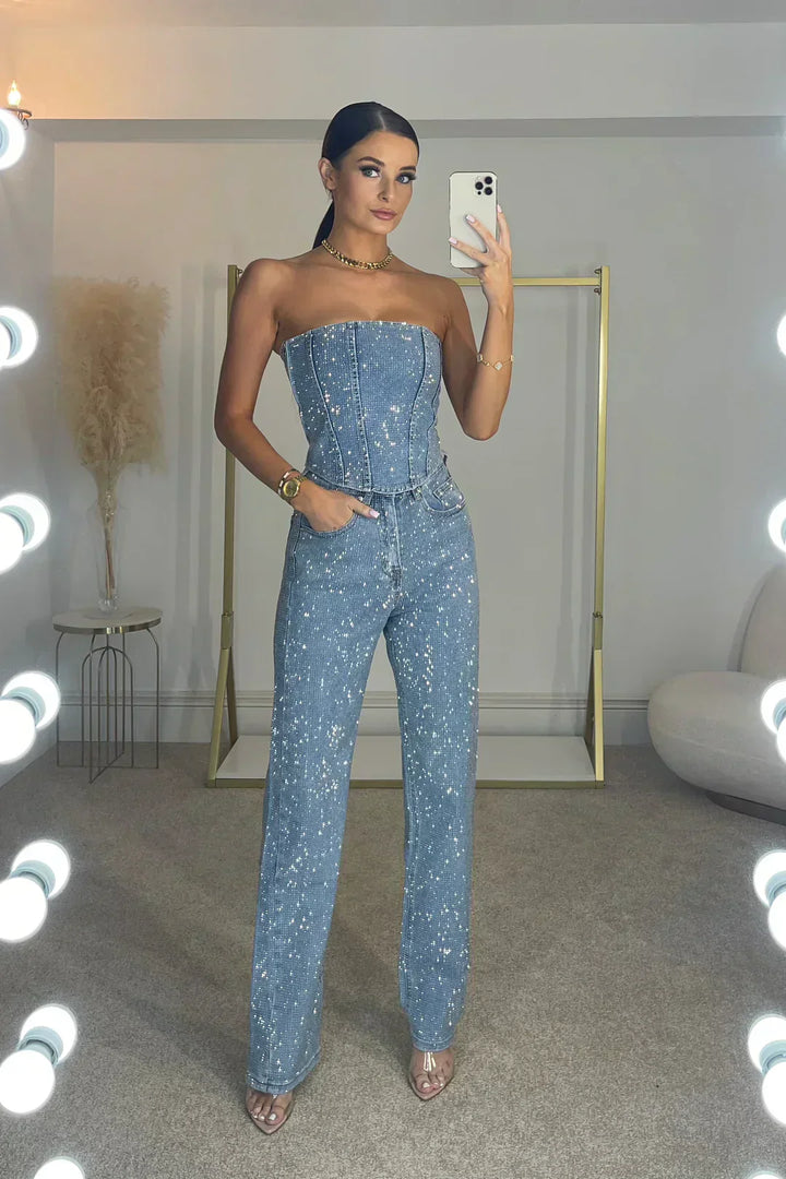 Elegante Strapless Pailletten Jumpsuit met Rechte Pijpen voor Dames
