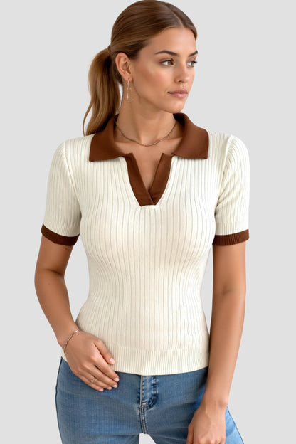 Geribd Dames Poloshirt Met Contrastkraag en Korte Mouwen