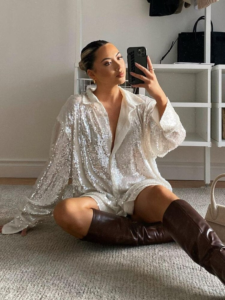 Oversized Pailletten Dames Blouse met Knoopsluiting en Lange Mouwen