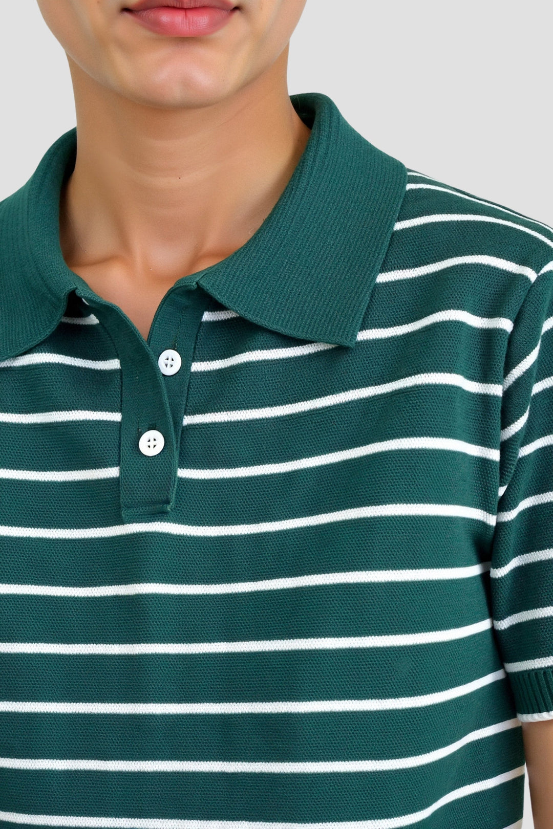 Dark Green Striped Women's Polo Shirt with Short Sleeves