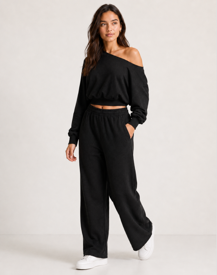 Trendy Dames Loungewear Set Met Off Shoulder Top En Wijde Pijpen