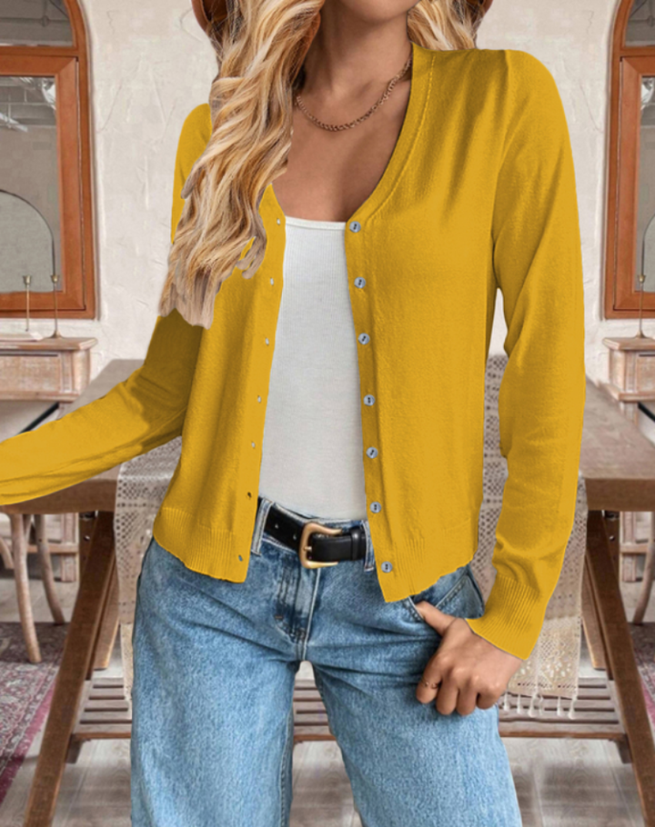 Fine-Knit Women's Cardigan with Long Sleeves, Button Closure, and V-Neck