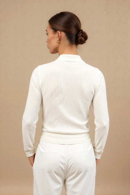 Dames Witte V-hals Poloshirt Ribgebreid met Stretch