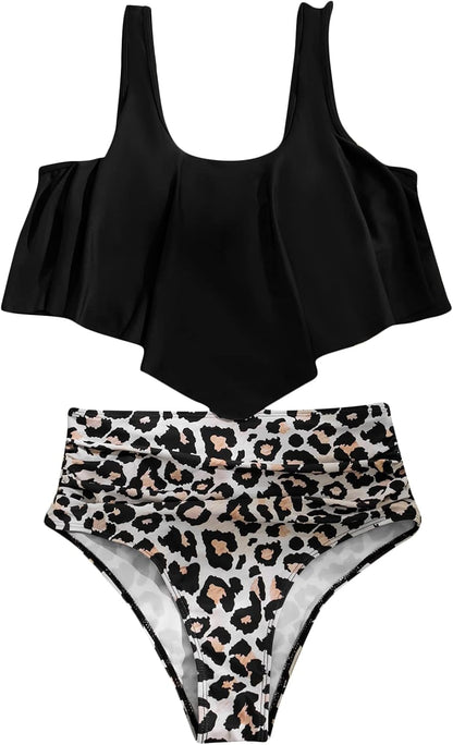 Kimberly | Ruffle Tankini met Leopard High-Waist Bottom
