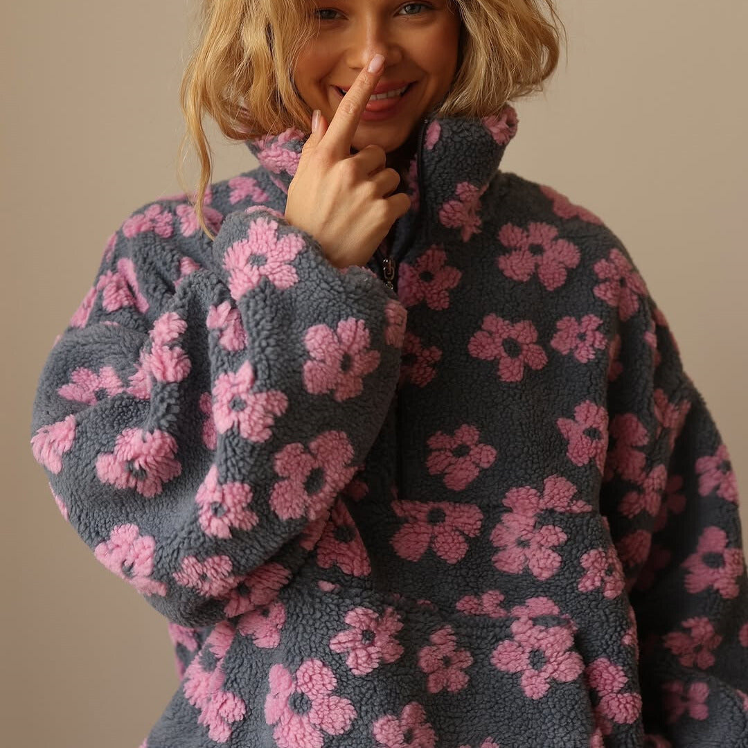 Women's Oversized Fleece Sweater with Floral Print and Zipper