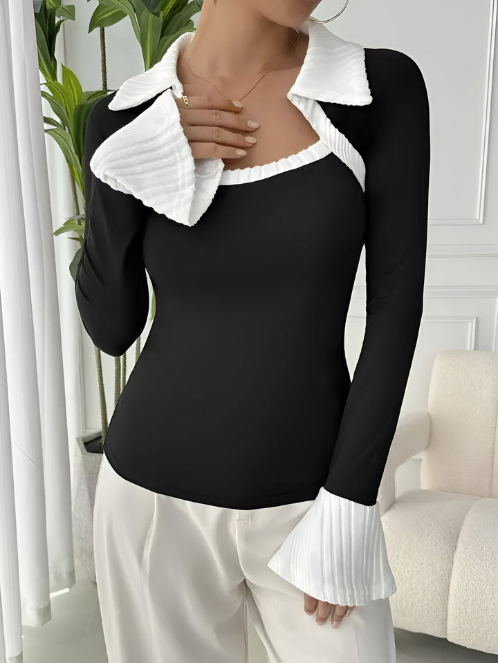 Pia | Contrasting top with collar and pleated cuffs