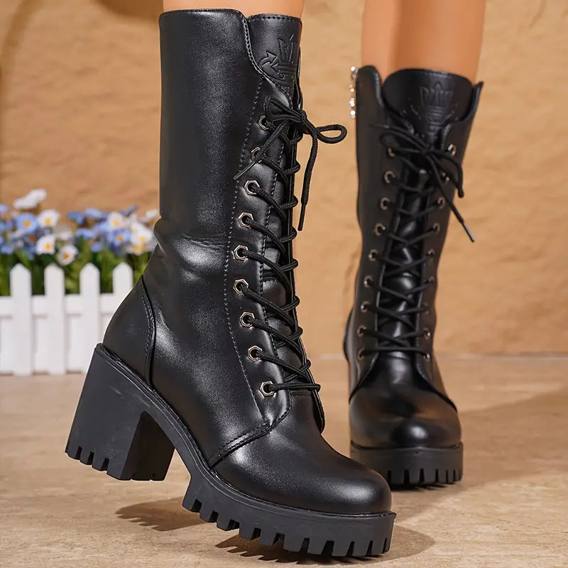 Bottes de combat noires chics pour femmes avec lacets et talon épais