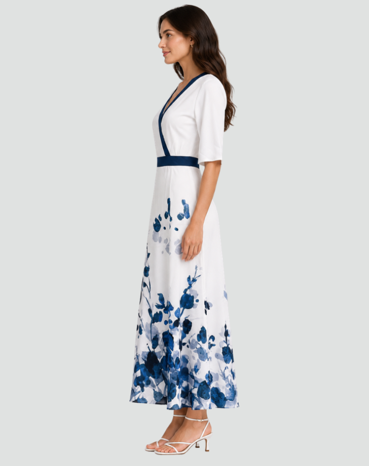 Elegant Party Maxi Dress for Women with Floral Print and V Neck