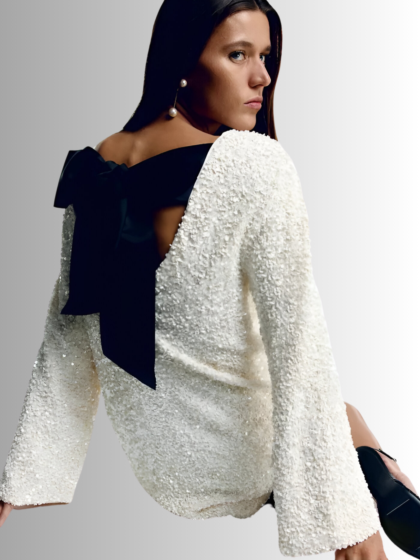 Witte Glitter Dames Mini Jurk met Lange Mouwen en Strik