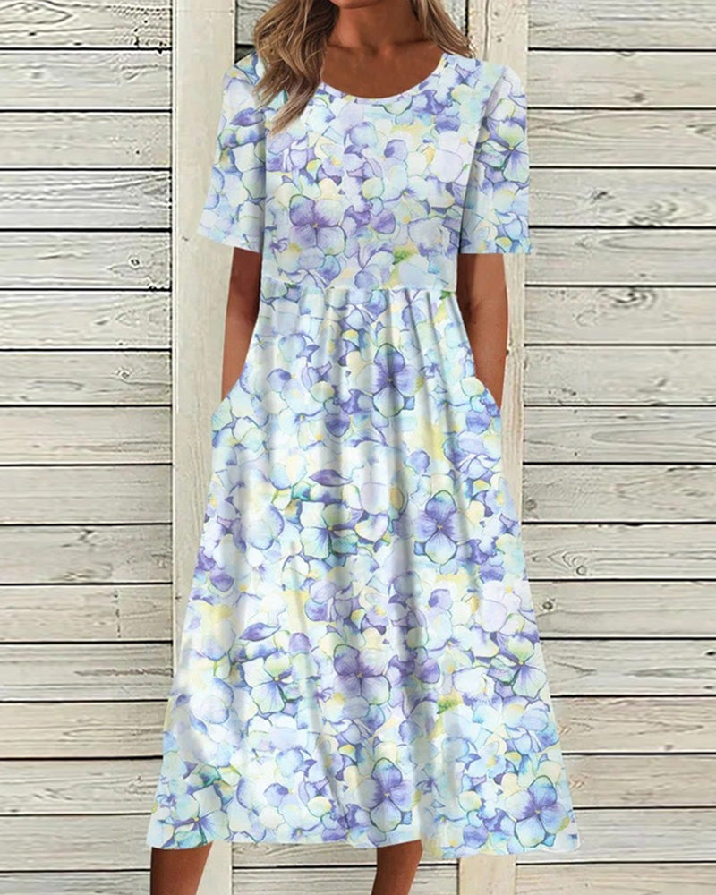 Light Floral Print Midi Summer Dress with Short Sleeves