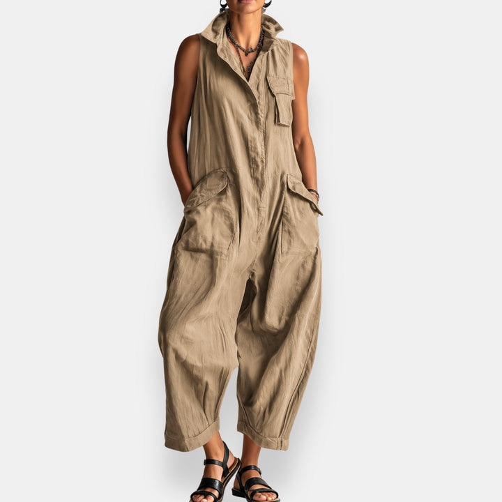 Dames Cargo Jumpsuit Zonder Mouwen met Verfijnde Kraag