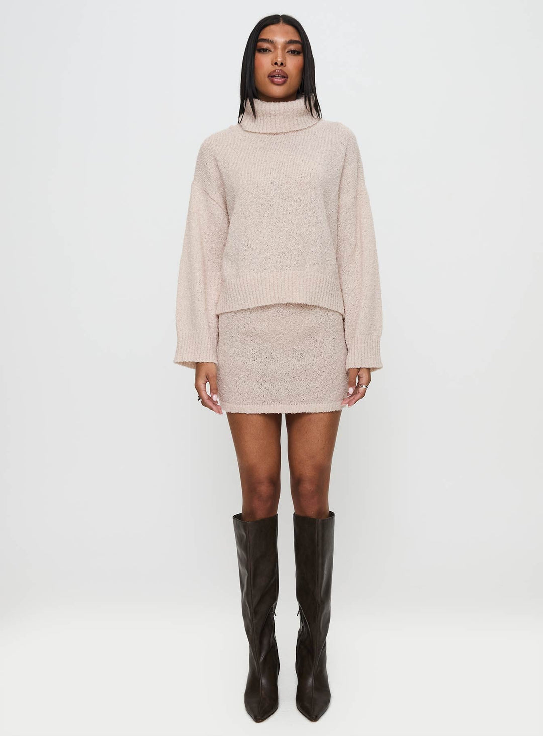 Soft Women's Knitted Sweater Set with Turtleneck and Mini Skirt