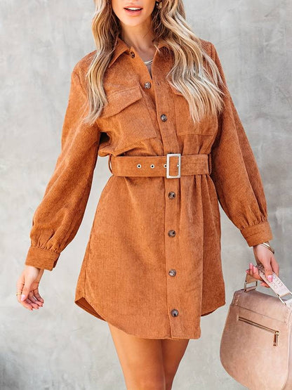 Stijlvolle Dames Mini Jurk Met Ceintuur En Knoopsluiting