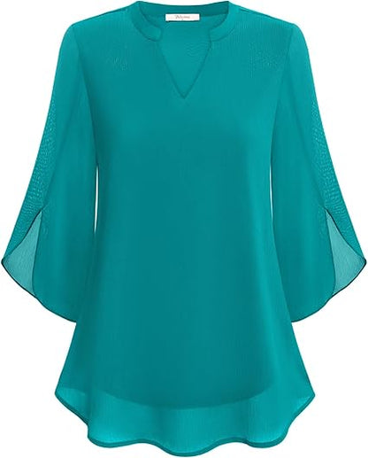 Luchtige Dames Blouse met V Hals en Losvallende Mouwen