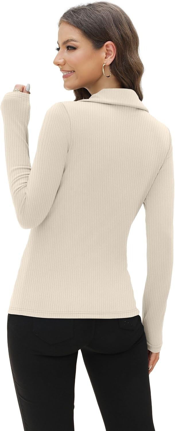 Women's White V-Neck Polo Shirt Ribbed with Stretch