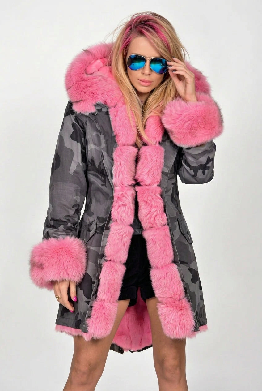 Oversized Camouflage Parka met Nepbonten Capuchon en Manchetten voor Dames