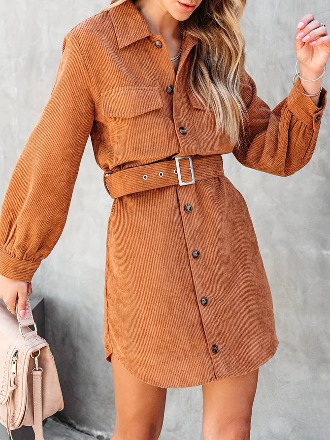 Stijlvolle Dames Mini Jurk Met Ceintuur En Knoopsluiting