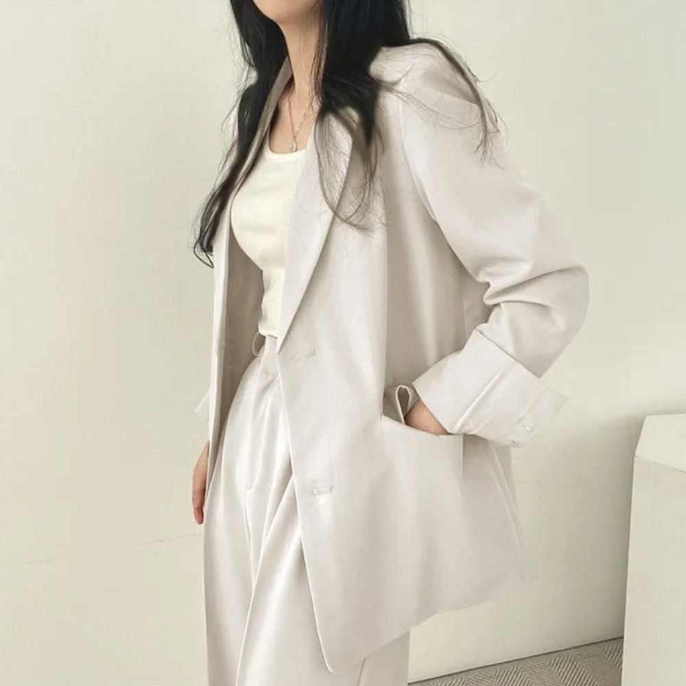 Gestructureerde en chique dames set met comfortabele blazer en broek
