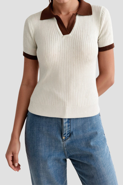 Geribd Dames Poloshirt Met Contrastkraag en Korte Mouwen