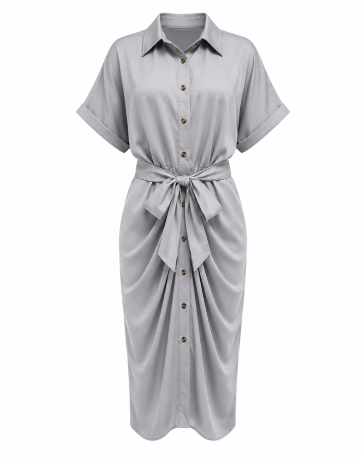 Chique Dames Overhemdjurk Midi met Taille Strik en Knoopsluiting