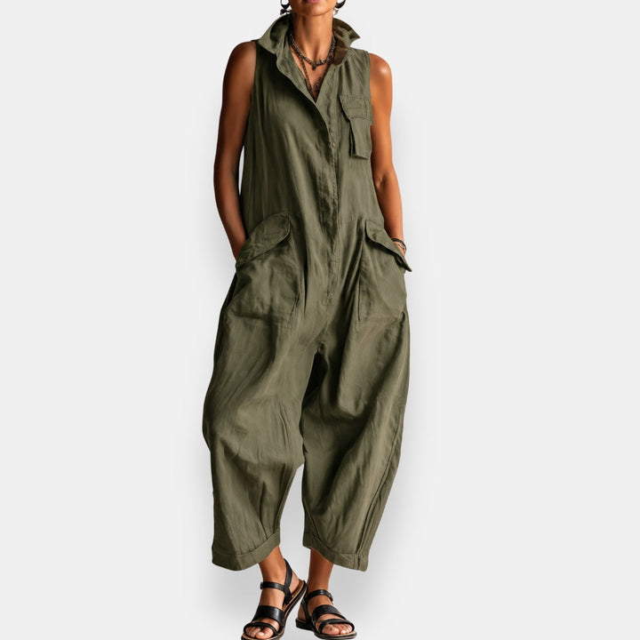 Dames Cargo Jumpsuit Zonder Mouwen met Verfijnde Kraag