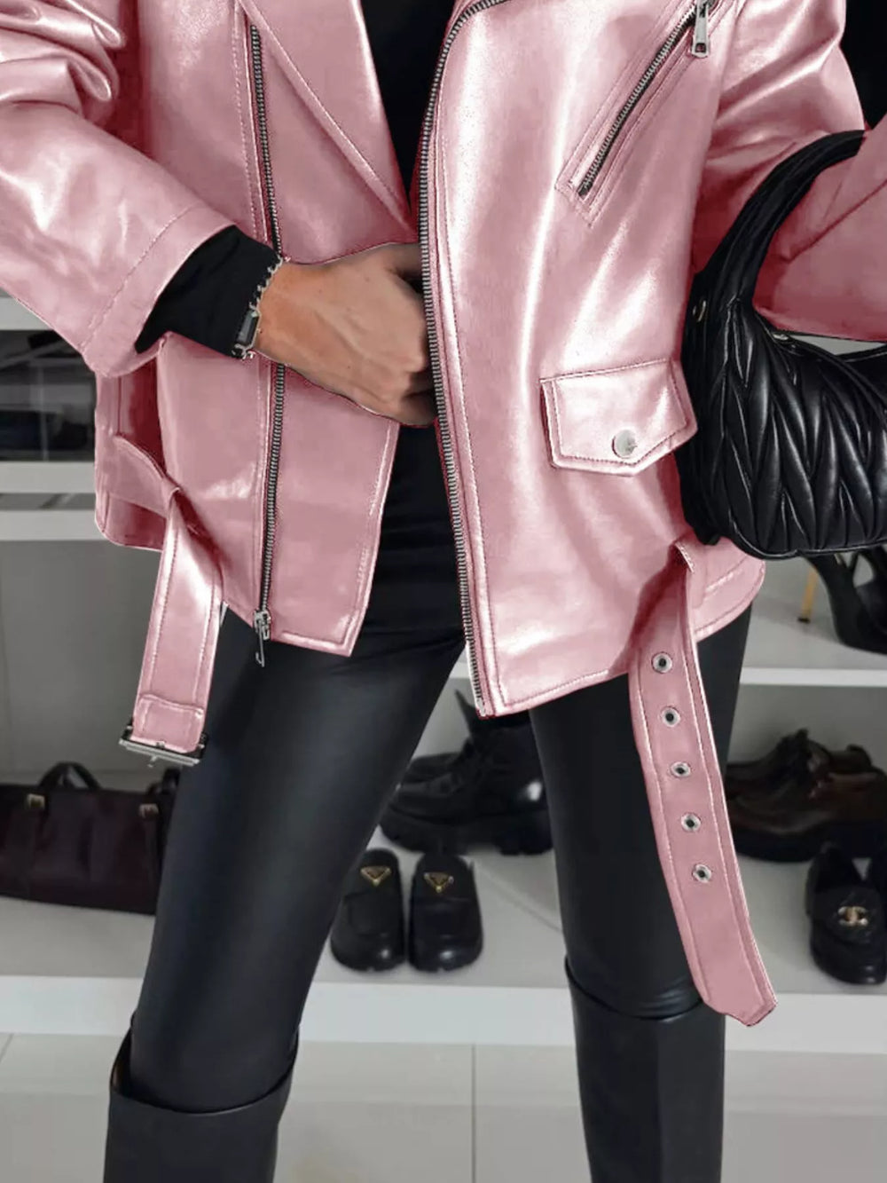 Oversized Women's PU Leather Biker Jacket with Belt and Notched Collar