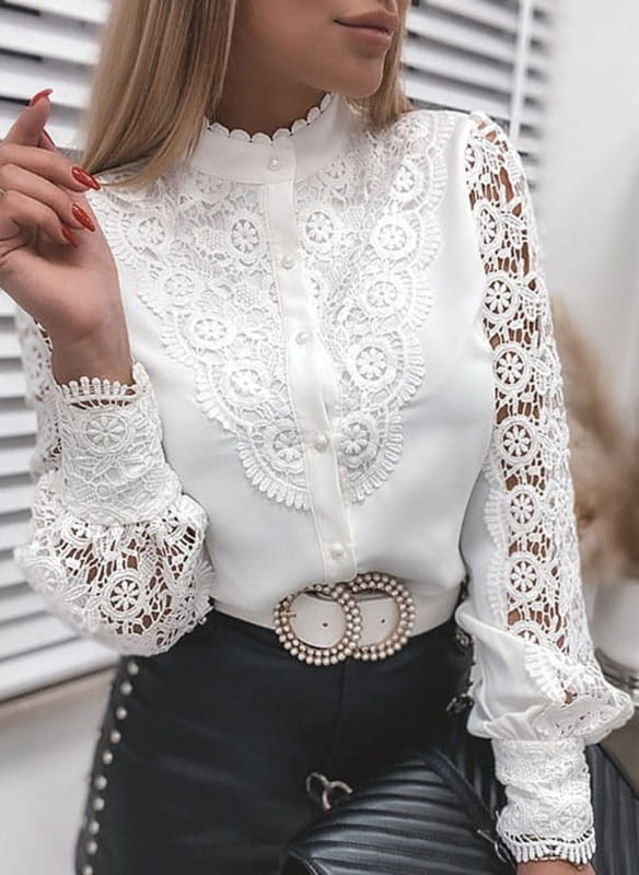 Witte Elegante Dames Blouse met Kant en Lange Mouwen