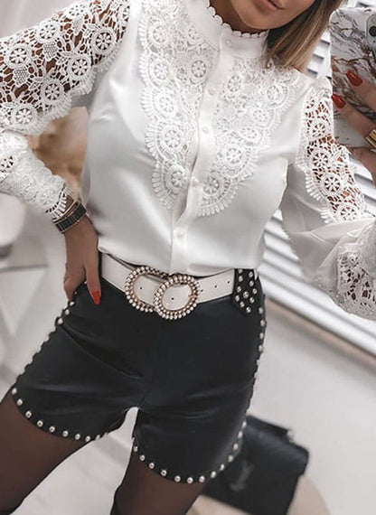 Witte Elegante Dames Blouse met Kant en Lange Mouwen