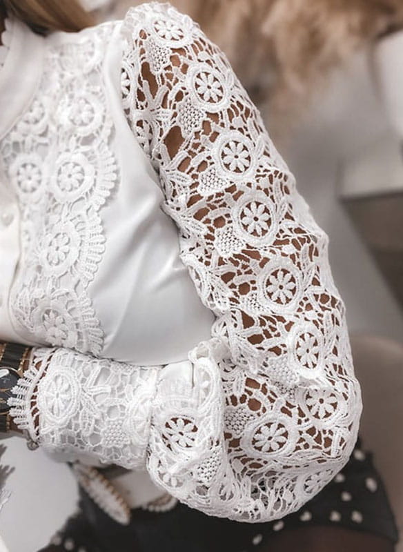 Witte Elegante Dames Blouse met Kant en Lange Mouwen