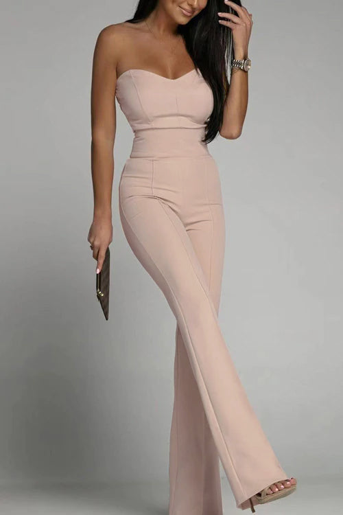 Elegante Strapless Dames Bodycon Jumpsuit met Wijde Pijpen