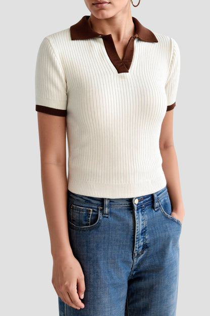 Geribd Dames Poloshirt Met Contrastkraag en Korte Mouwen