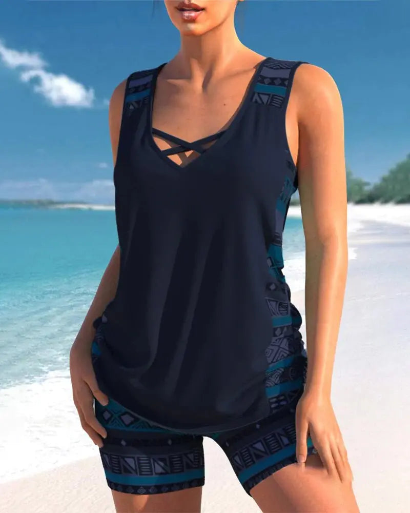 V-Neck Tankini Set with Geometric Shorts for Women