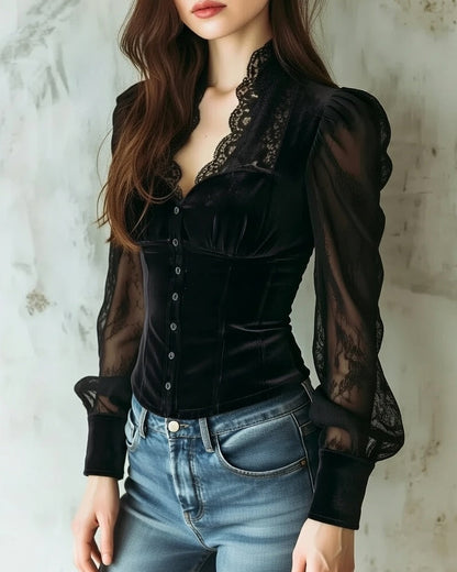 Stijlvolle Dames Kant Blouse Met Lange Mouwen En Knoopsluiting