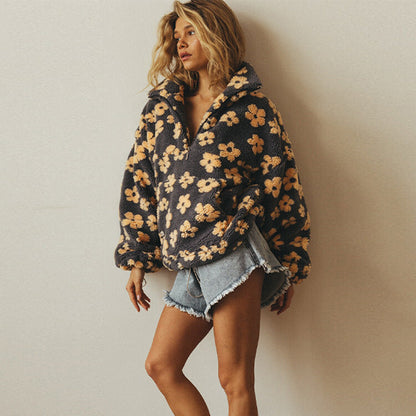 Dames Oversized Fleece Trui met Bloemenprint en Rits