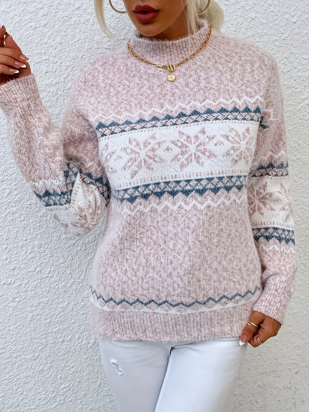 Oversized Gebreide Dames Kersttrui met Sneeuwvlokmotief en Col