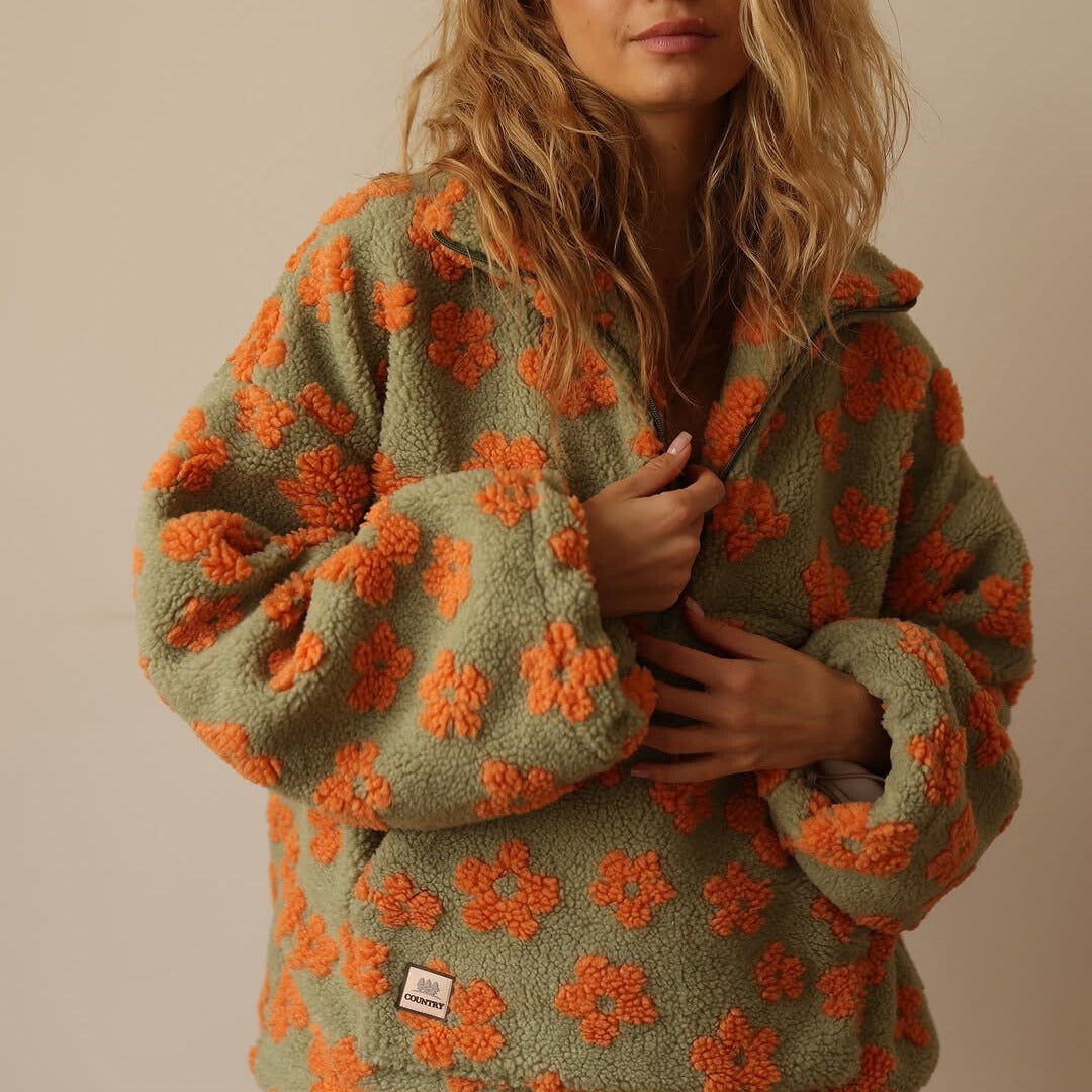 Women's Oversized Fleece Sweater with Floral Print and Zipper