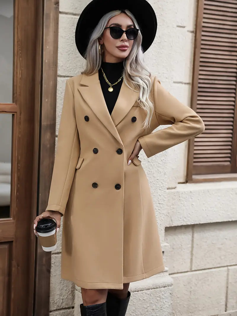 Elegante Dames Mantel Jas met Dubbele Knoopsluiting