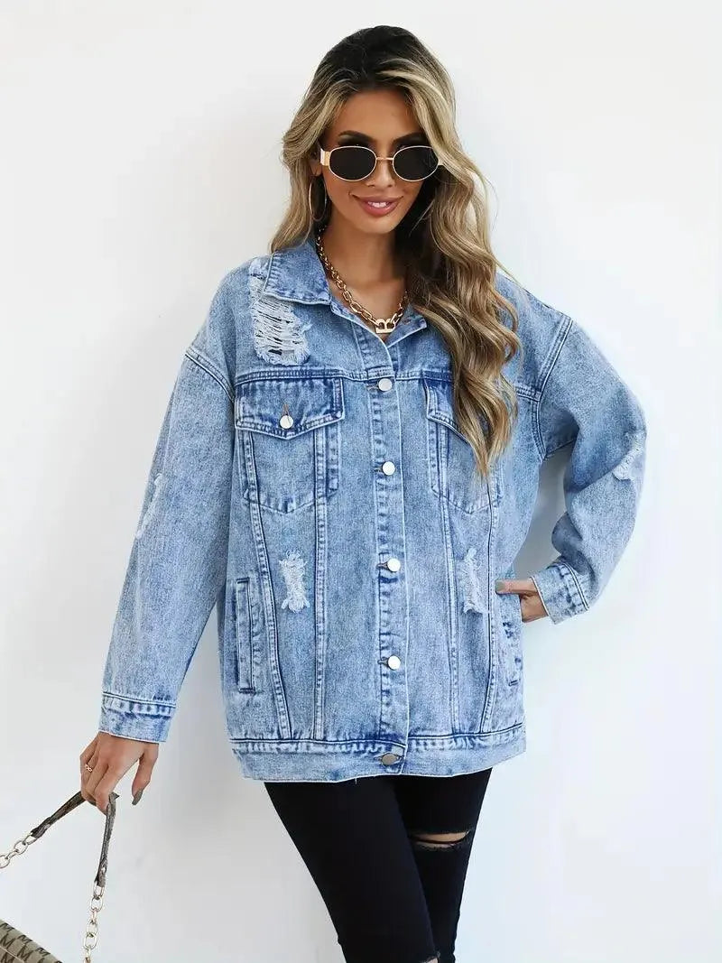 Oversize'owa damska kurtka jeansowa w rockowym stylu z zapięciem na zatrzaski