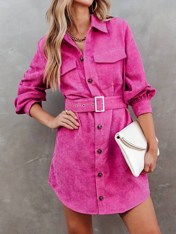 Stijlvolle Dames Mini Jurk Met Ceintuur En Knoopsluiting