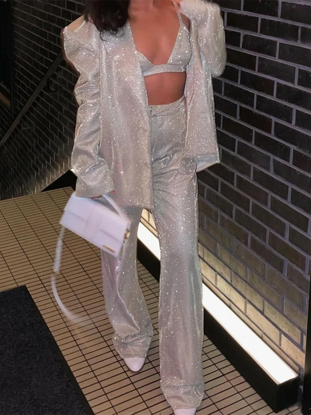Ensemble blazer pailleté festif 3 pièces avec top et pantalon pour femmes